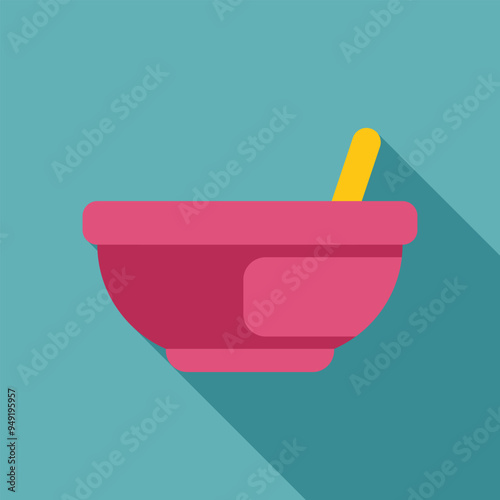 Pink empty baby bowl with yellow spoon waiting to be filled, flat design icon with long shadow