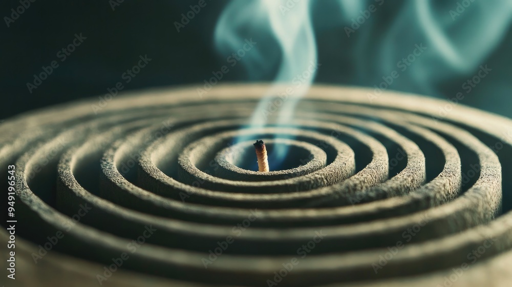 A close-up of a circular incense coil burning slowly, releasing smoke in spirals. A close-up of a circular incense coil burning slowly, releasing smoke in spirals.