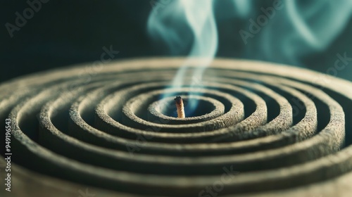 A close-up of a circular incense coil burning slowly, releasing smoke in spirals.