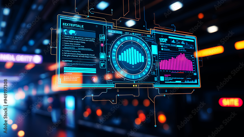 Fototapeta premium An AI interface with holographic data panels floating in mid-air against a sci-fi background