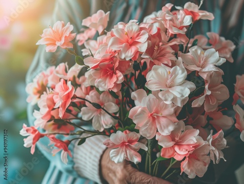 A bouquet of delicate pink flowers. AI.