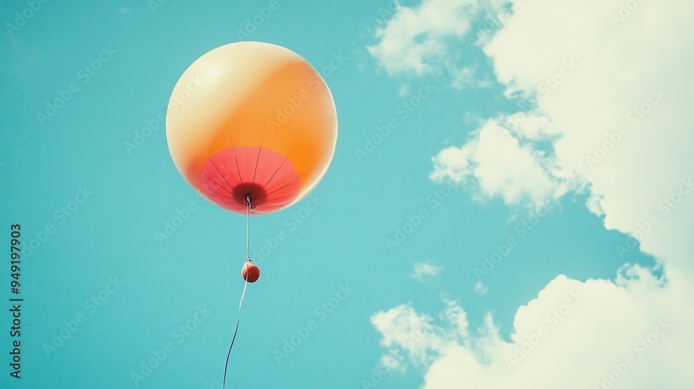 Obraz premium A round, colorful balloon floating in the sky, with clouds in the background.
