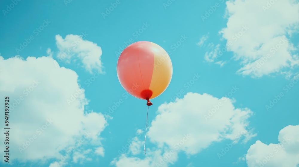 Obraz premium A round, colorful balloon floating in the sky, with clouds in the background.