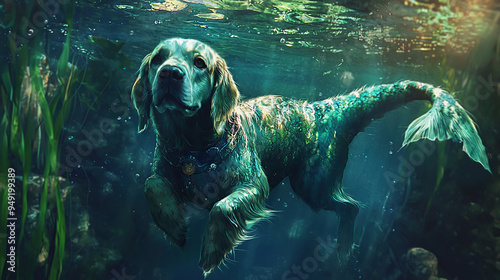 cat, dog, mermaid, feline, canine, mythical, pet, animal, creature, sea, ocean, fish, tail, paws, whiskers, fur, loyal, playful, aquatic, fantasy, legend, myth, underwater, scales, fins, bark, meow, s photo