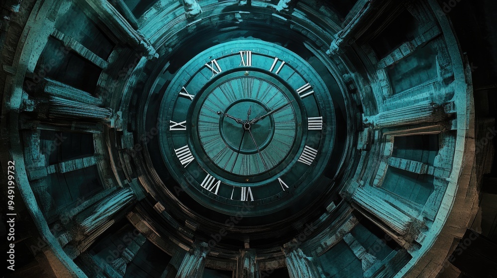 A symmetrical view of a circular clock tower, with the clock hands pointing to noon.