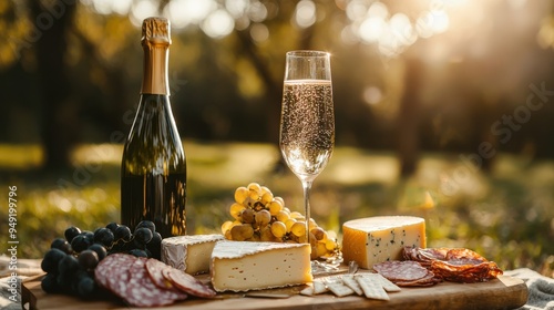 Product photography of a bottle and glass of sparkling wine,  photo