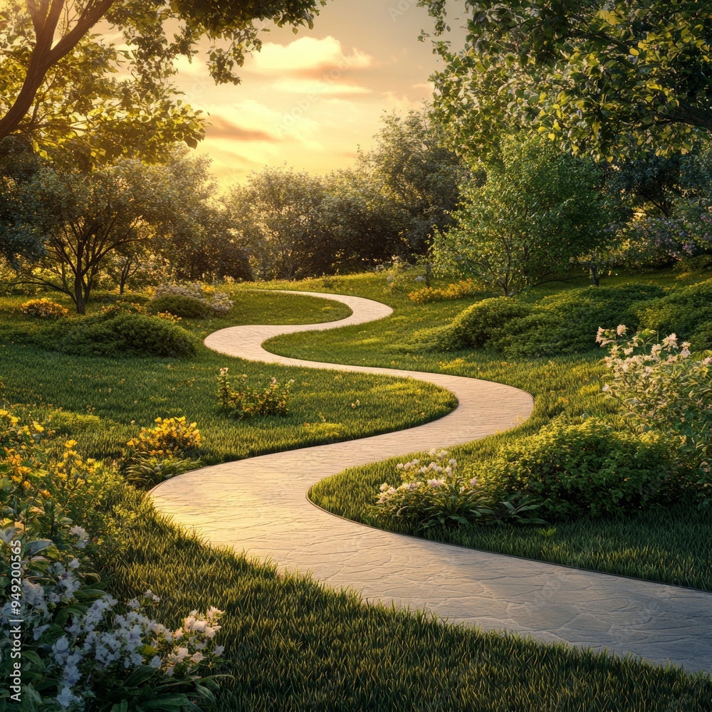 6. Meadow path, subtly symmetrical curves in landscape, peaceful setting, 3D illustration 6. Meadow path, subtly symmetrical curves in landscape, peaceful setting, 3D illustration