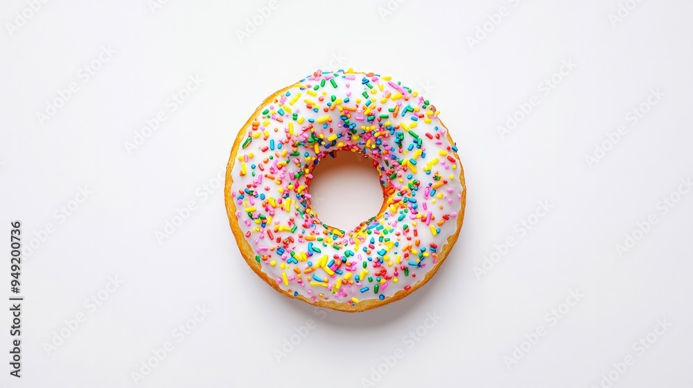 A top-down view of a circular donut with colorful sprinkles on a white background. A top-down view of a circular donut with colorful sprinkles on a white background.
