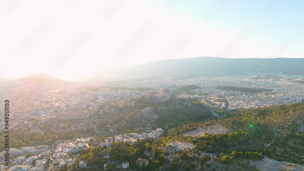 Naklejka premium greece capital athens day and night sunrise sunset light aerial view