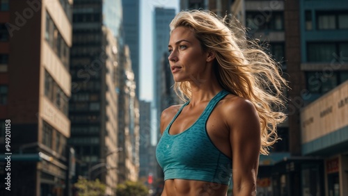 happy fitness model with big blonde hair