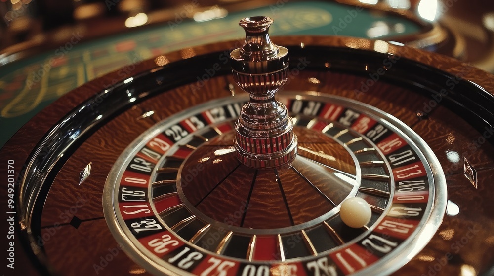 A top-down view of a circular roulette wheel in a casino, with the ball spinning. A top-down view of a circular roulette wheel in a casino, with the ball spinning.