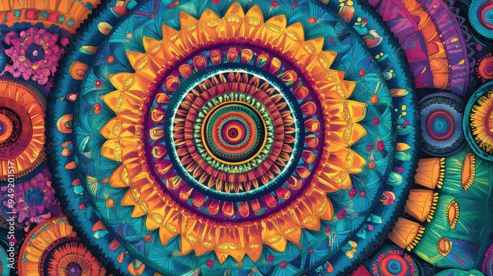 A vibrant mandala design featuring intricate circular patterns and bright colors. A vibrant mandala design featuring intricate circular patterns and bright colors.