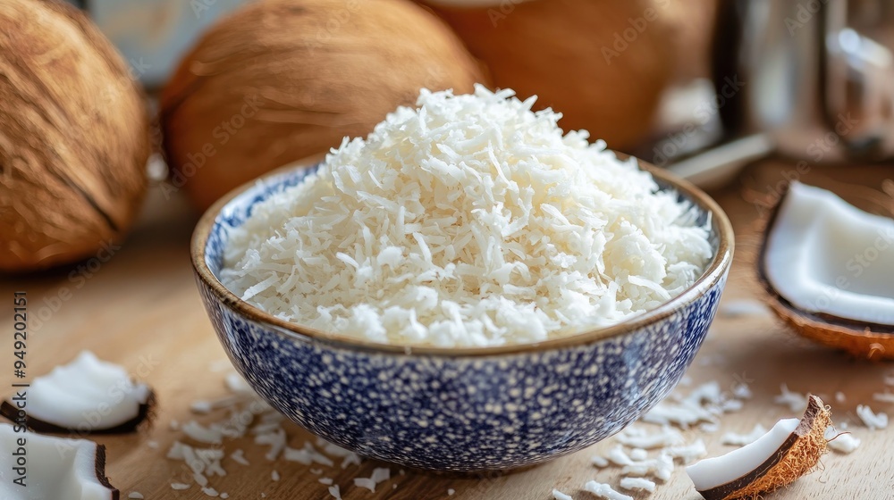 A bowl of freshly grated coconut on a kitchen counter, ready for use in a recipe. A bowl of freshly grated coconut on a kitchen counter, ready for use in a recipe.