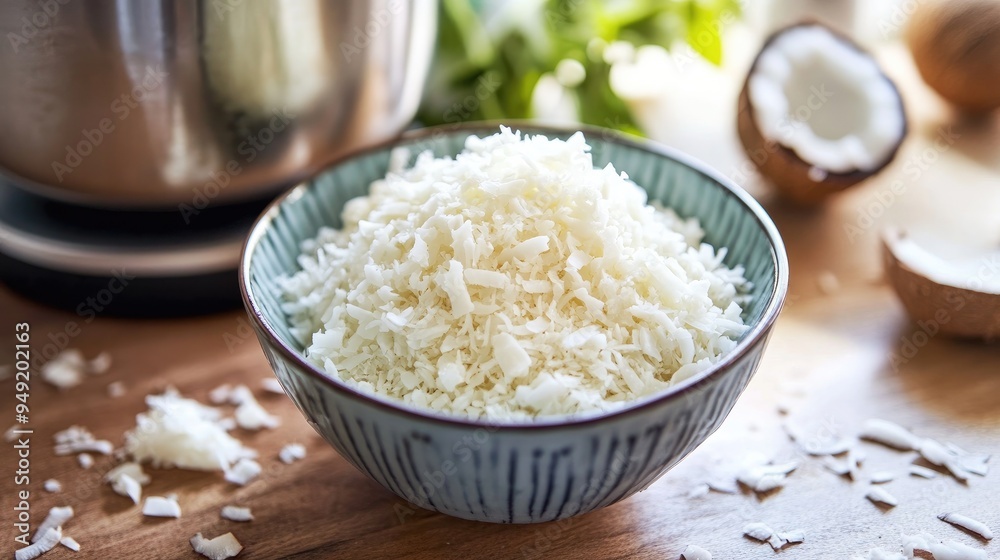 A bowl of freshly grated coconut on a kitchen counter, ready for use in a recipe. A bowl of freshly grated coconut on a kitchen counter, ready for use in a recipe.