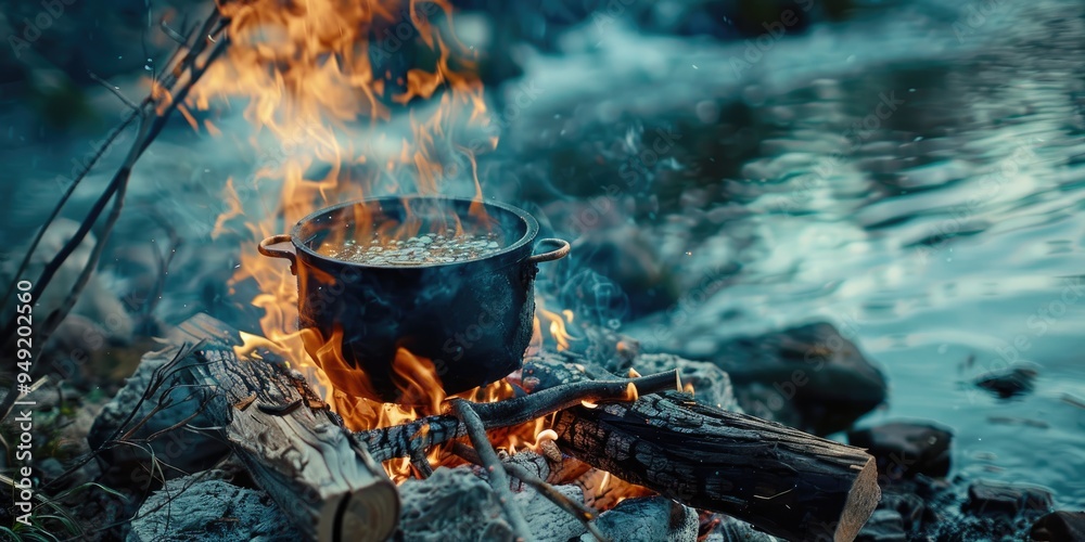A pot simmering over a crackling campfire with flames dancing in the heat Wood burns down to ash and charcoal creating a cozy outdoor ambiance ideal for gatherings A pot simmering over a crackling campfire with flames dancing in the heat Wood burns down to ash and charcoal creating a cozy outdoor ambiance ideal for gatherings