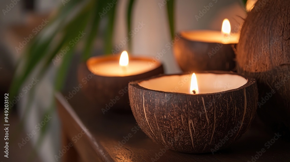 A close-up of coconut shell candles, with soft flames flickering in a cozy setting. A close-up of coconut shell candles, with soft flames flickering in a cozy setting.