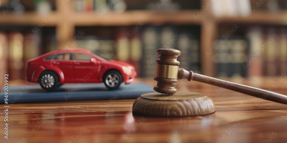 A judge's gavel and a toy vehicle symbolizing a legal auction or courtroom proceedings concerning a driver in an accident, with a settlement from the auto insurance provider evident on the table. A judge's gavel and a toy vehicle symbolizing a legal auction or courtroom proceedings concerning a driver in an accident, with a settlement from the auto insurance provider evident on the table.