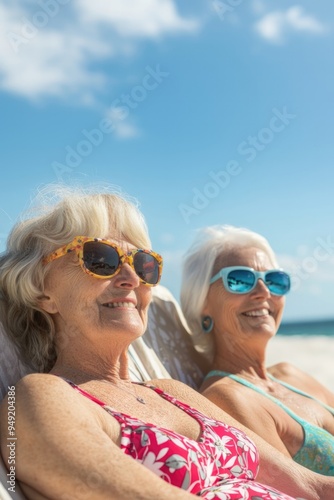 Two women are sitting on a beach chair, wearing sunglasses and smiling
