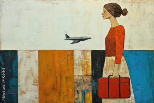 A woman is standing on a beach with a red suitcase