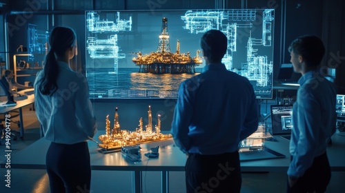Image of a group of professionals in a dimly lit modern office space gathered around a bright holographic projection of an oil rig