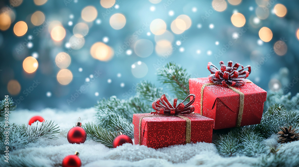 Festive card with Christmas gifts, Christmas atmosphere, and holiday feeling, with snow in the background Festive card with Christmas gifts, Christmas atmosphere, and holiday feeling, with snow in the background