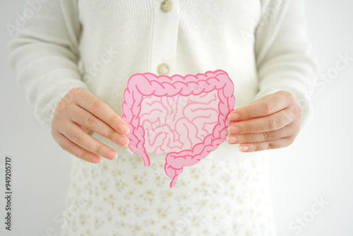 Asian woman hands holding intestine shape, healthy bowel digestion, leaky gut, probiotic and prebiotic for gut health, colon, gastric, stomach cancer concept