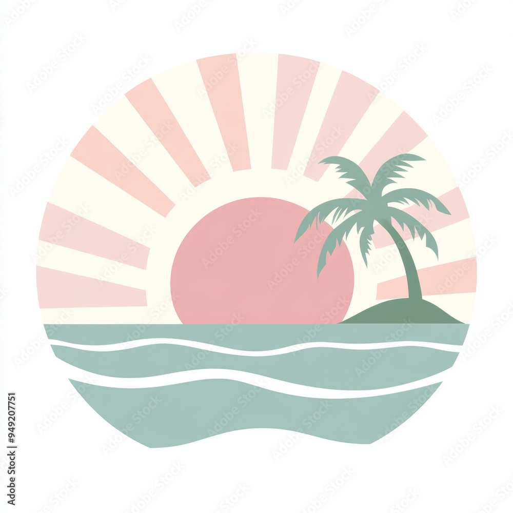 Fototapeta premium A stylized sunset logo over water with a palm tree silhouette.