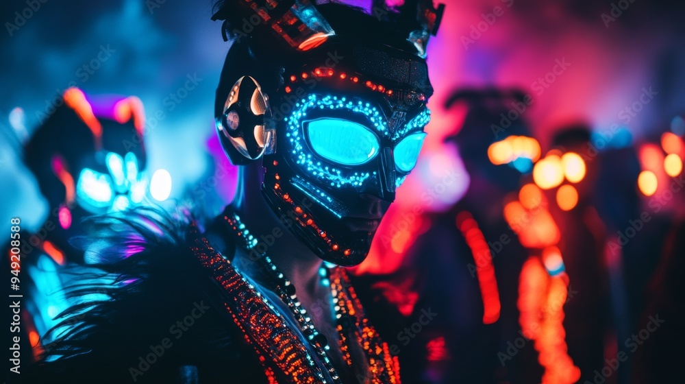 Futuristic Halloween party with vibrant, glowing accessories, including neon masks, LED jewelry, and colorful costumes, creating an electrifying atmosphere Futuristic Halloween party with vibrant, glowing accessories, including neon masks, LED jewelry, and colorful costumes, creating an electrifying atmosphere