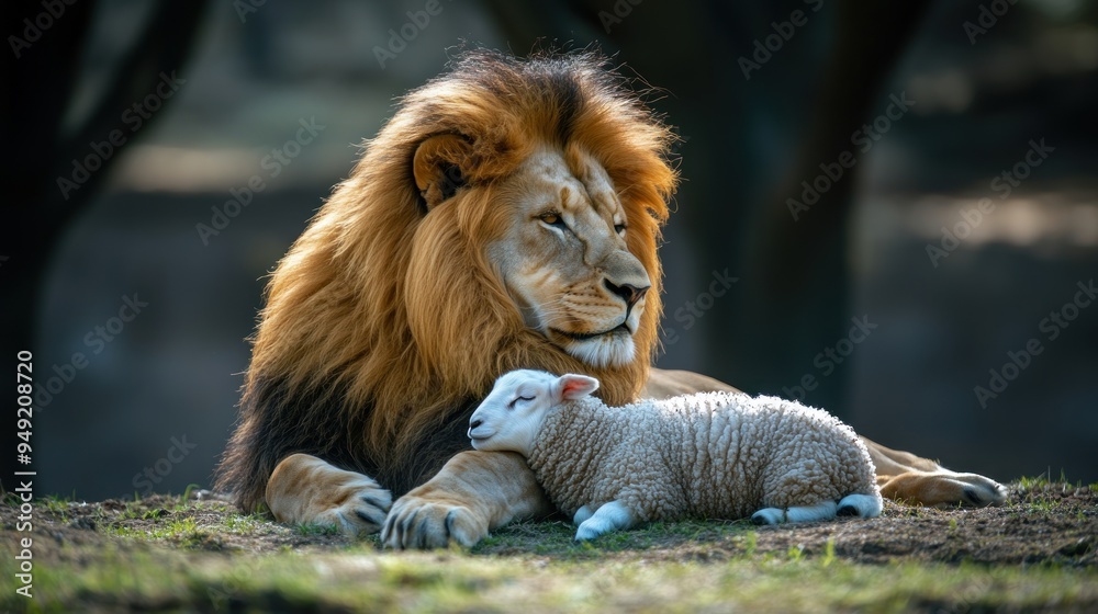Naklejka premium Lion and Lamb: A Symbol of Peace and Harmony