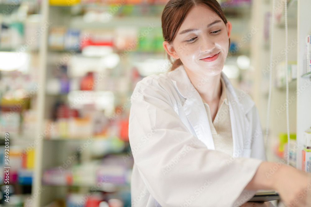 woman pharmacist checks and arranges medicines on pharmacy shelves, emphasizing precision and responsibility in healthcare services. The scene highlights the daily operations in a modern pharmacy. woman pharmacist checks and arranges medicines on pharmacy shelves, emphasizing precision and responsibility in healthcare services. The scene highlights the daily operations in a modern pharmacy.