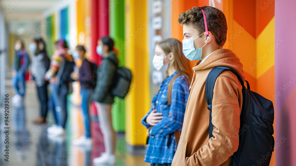 Students stand in line with masks on, maintaining social distance. Back to school concept, AI generate. Students stand in line with masks on, maintaining social distance. Back to school concept, AI generate.