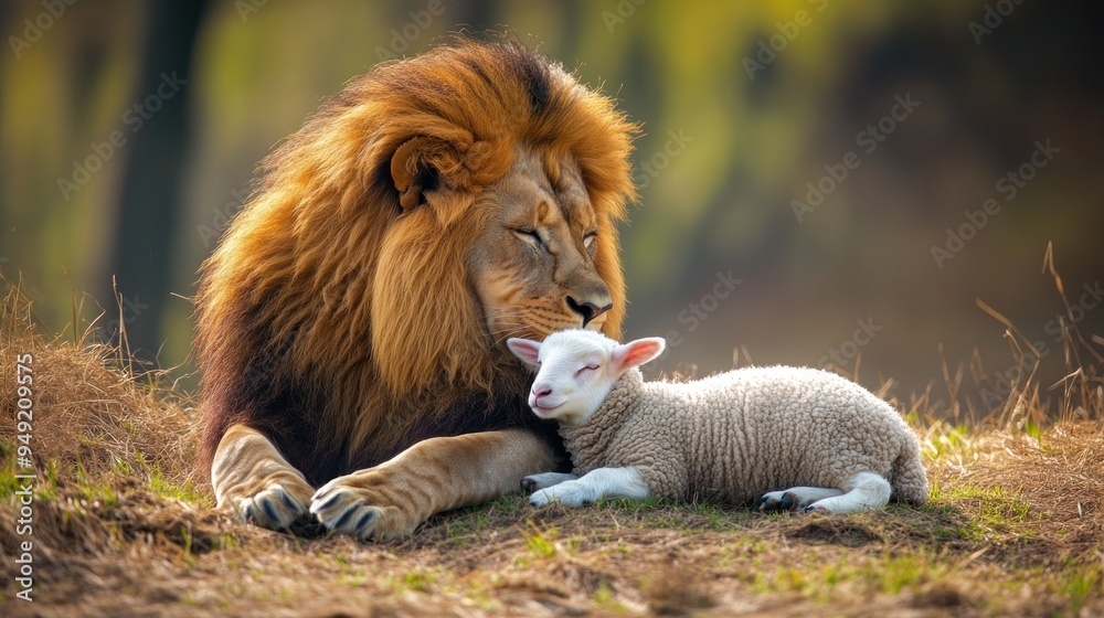 Fototapeta premium Lion and Lamb: A Symbol of Peace