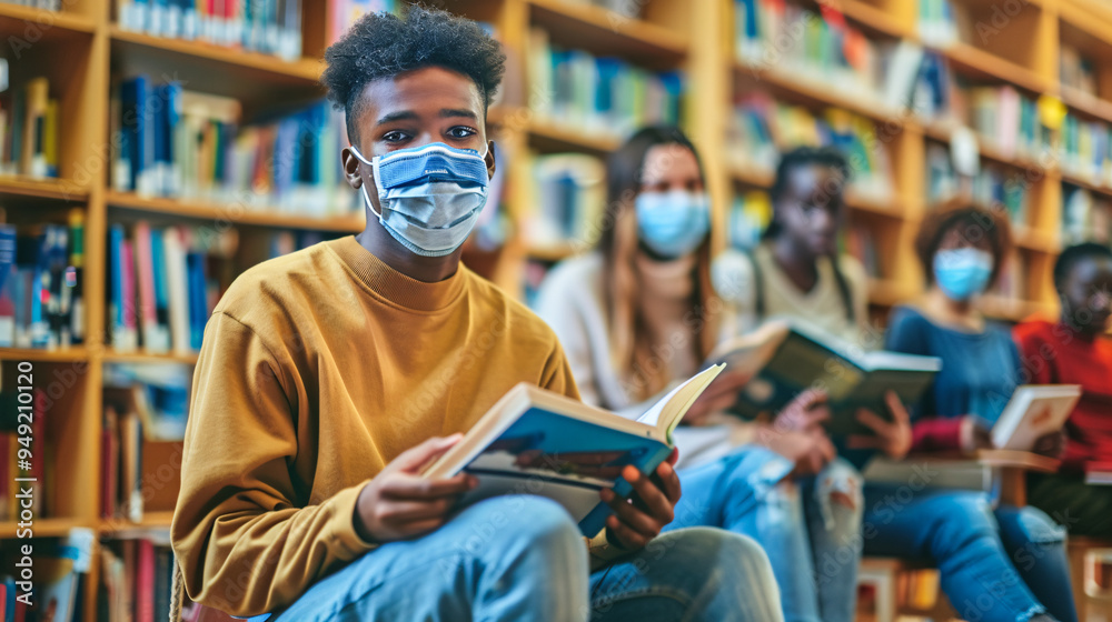 Students sit in school library, wear masks and read books. Back to school concept, AI generate. Students sit in school library, wear masks and read books. Back to school concept, AI generate.