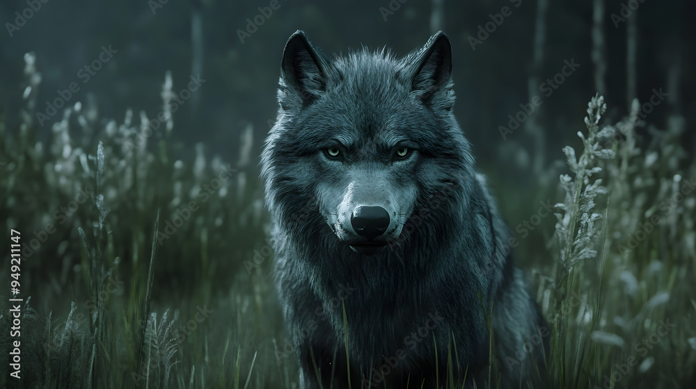 A haunting image of a dark wolf in the meadow, staring intently straight ahead, surrounded by the eerie atmosphere of gloomy lighting. A haunting image of a dark wolf in the meadow, staring intently straight ahead, surrounded by the eerie atmosphere of gloomy lighting.
