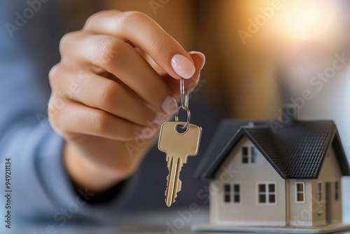 Mão feminina segurando chave de casa em miniatura com fundo desfocado, simbolizando transação imobiliária e propriedade, IA generativa.

