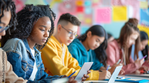 Students take notes on digital tablets, with classroom background, AI generate.
