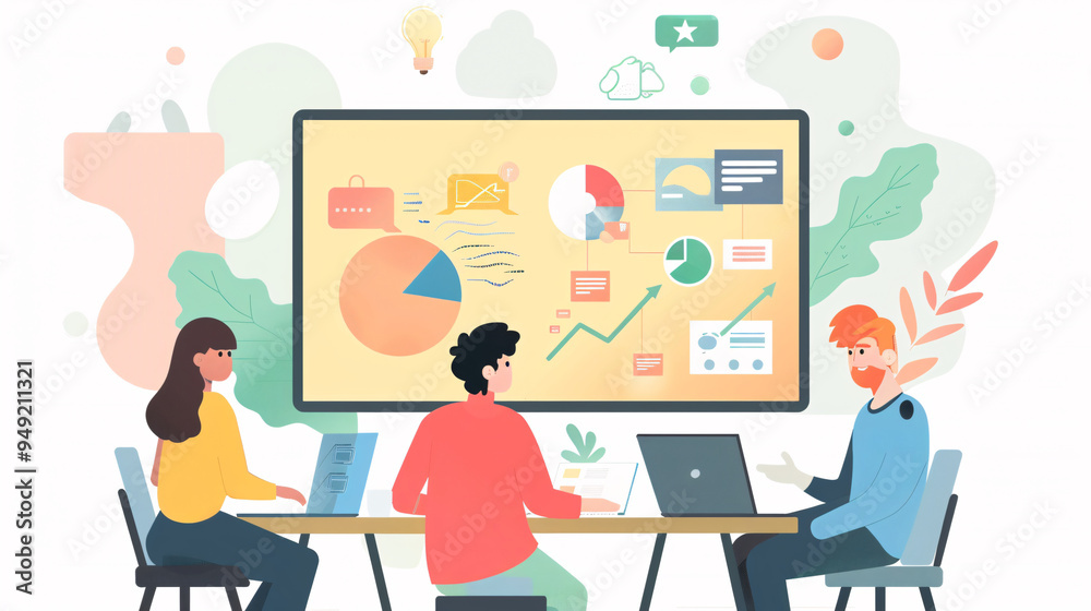 Cartoon group of friends share digital presentation, use laptop and a projector, AI generate. Cartoon group of friends share digital presentation, use laptop and a projector, AI generate.