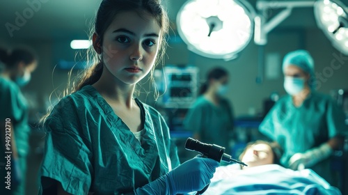 A 13-year-old teenager in a medical operating room, wearing scrubs and gloves, her expression focused and serious, holding a surgical drill. She stands near an operating table where a patient is parti photo