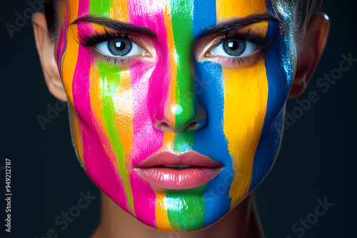 Woman with bright facial paint and makeup.