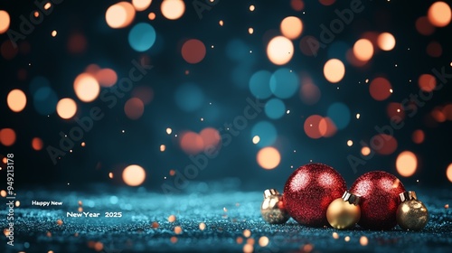 Festive Christmas ornaments on a shimmering surface, capturing the essence of holiday joy and celebration in sparkling lights.