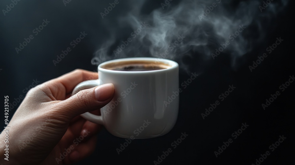 A hand holding a white cup of steaming hot coffee against a dark background, emphasizing the warmth and aroma of the beverage. A hand holding a white cup of steaming hot coffee against a dark background, emphasizing the warmth and aroma of the beverage.