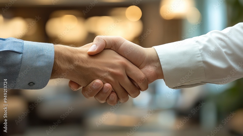 Partners sealing a business joint venture with a handshake, featuring a modern conference room. Partners sealing a business joint venture with a handshake, featuring a modern conference room.