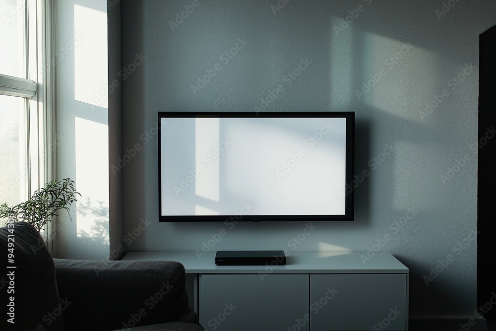 Fototapeta premium Modern living room with a flat-screen television mounted on the wall and a white cabinet with black accents.
