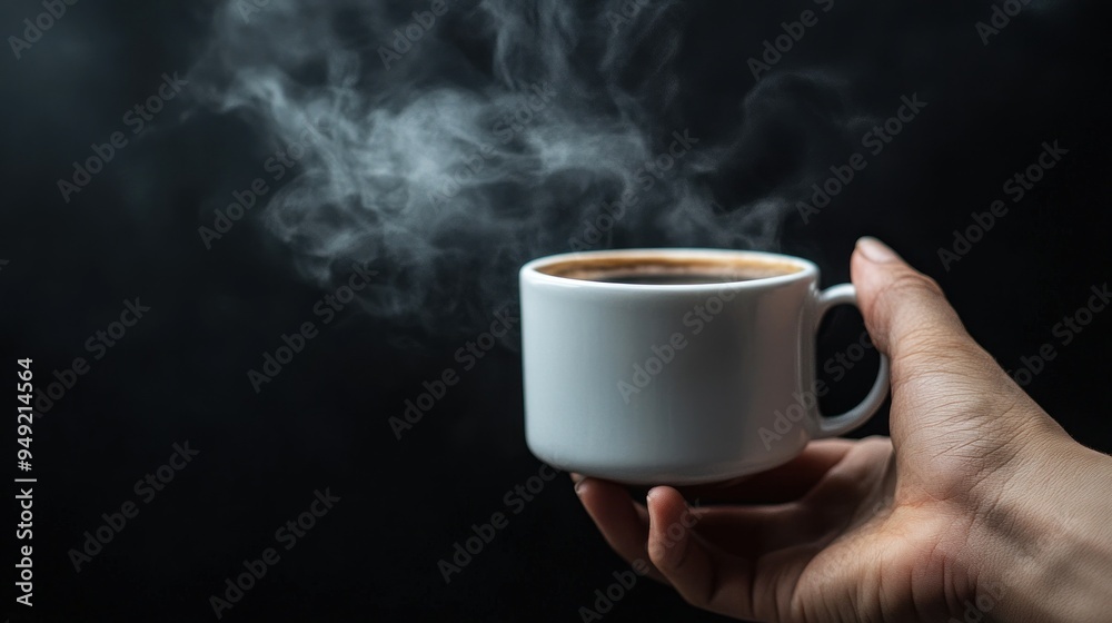 A hand holding a steaming hot cup of coffee against a dark background, emphasizing the warmth and aroma emanating from the fresh brew.