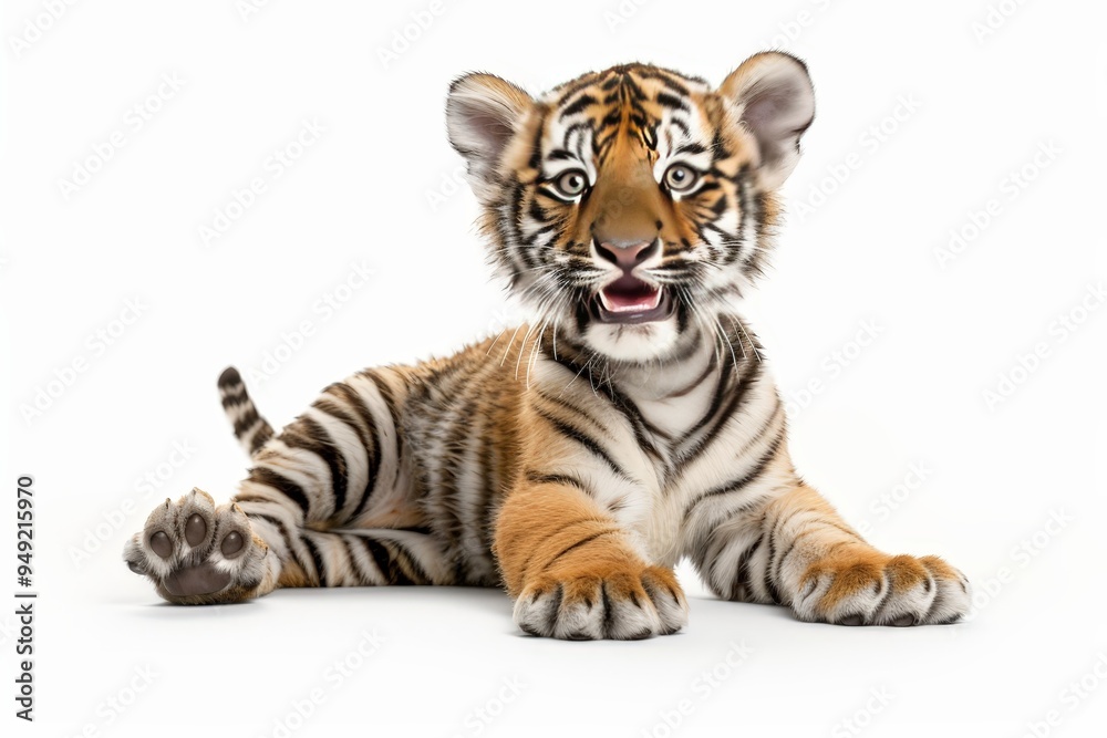 Naklejka premium A baby Northeast Tiger in a cartoon and Chinese ink painting style sits on a white background, smiling with its paws raised.
