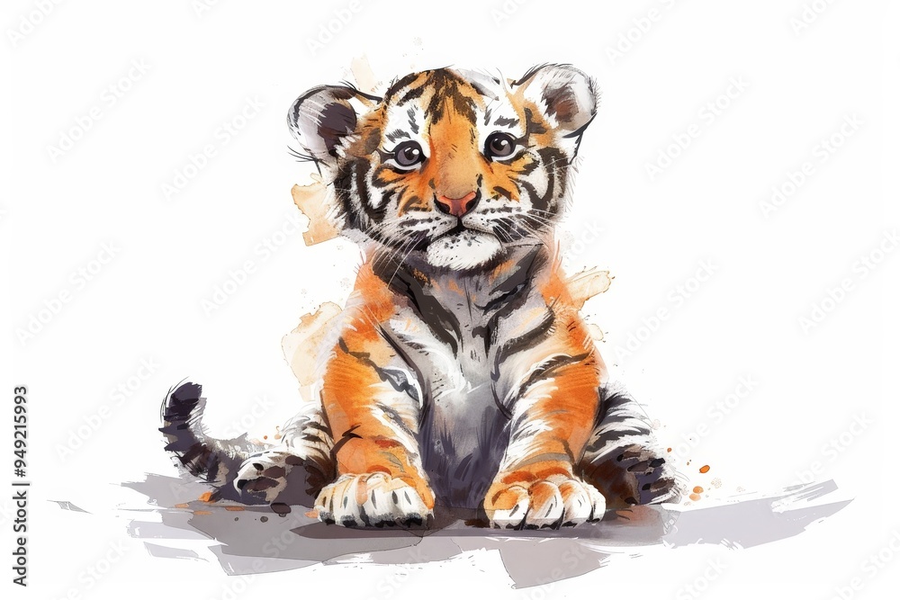 A baby Northeast Tiger in a cartoon and Chinese ink painting style sits happily on the ground, with a raised posture and a broad smile.
