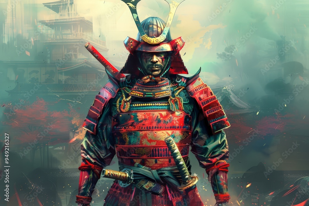 Fototapeta premium A cool samurai in a slightly cartoonish style, featuring bold, exaggerated features and vibrant armor.