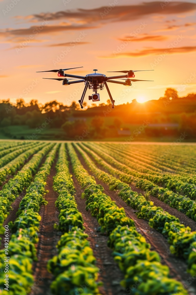 A dynamic depiction of an agricultural drone flying over a field, capturing real-time data for crop monitoring. A dynamic depiction of an agricultural drone flying over a field, capturing real-time data for crop monitoring.