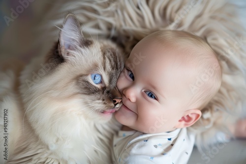 A long-haired cat with soft blue eyes lovingly licks the cheek of a five-month-old baby girl.