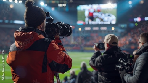 A news broadcast covering a significant sports event, with live footage, highlights, and commentary from reporters analyzing the game's key moments and outcomes. photo